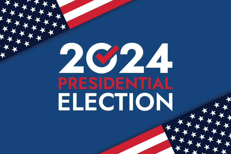 Graphic with blue background, flags, and text reading 2024 Presidential Election